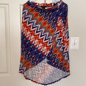 Womans petite high /low wrap skirt….orange/blue white multi colored